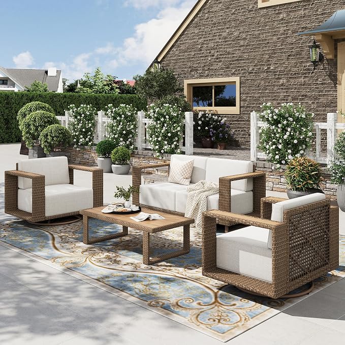 HERA'S HOUSE 5 Pieces Patio Furniture Set with Swivel Chairs, Outdoor Wicker Conversation Set, All Weather Yellow Rattan Sofas with 10" Thick Cushion for Deck Lawn Garden