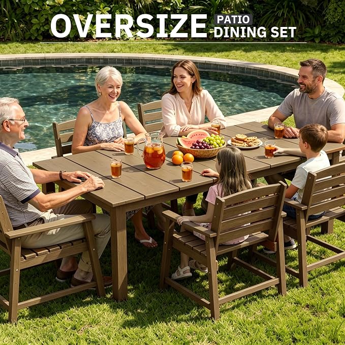AreShark 7-Piece Outdoor Dining Set,HDPE Patio Table with 6 Armchairs,All-Weather Patio Furniture Set with Umbrella Hole,Low Maintenance Wood Grain Dining Set for Backyard,Garden,Poolside,Black