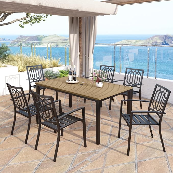 MFSTUDIO Outdoor Dining Set for 6, Metal Patio Dining Set for Deck Backyard Poolside Garden, 7 Piece Patio Table and Chairs Set with Umbrella Hole