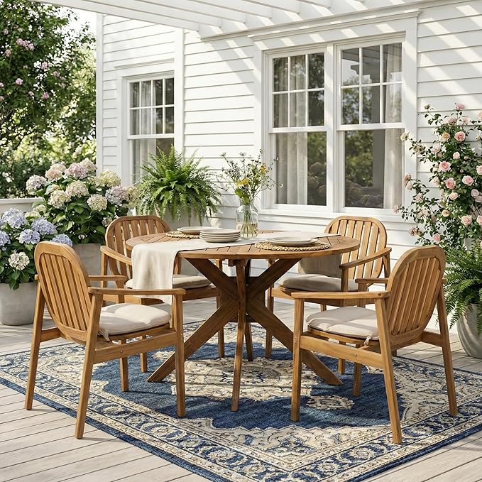Christopher Knight Home Meja Acacia Wood Patio Dining Set for 4, Solid Wood Outdoor Dining Table Set for 4, Round Dining Table and Chairs Set of 4 with Cushion, Teak+Beige