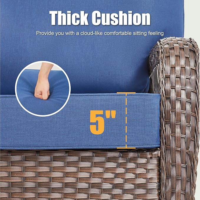 3 Pieces Patio Sofa Furniture Set, Wicker Sofa Outdoor Furniture High Back Rattan 3 Seater Couch with Ottomans, Outdoor Patio Conversation Set for Deck Porch Garden Backyard, Blue