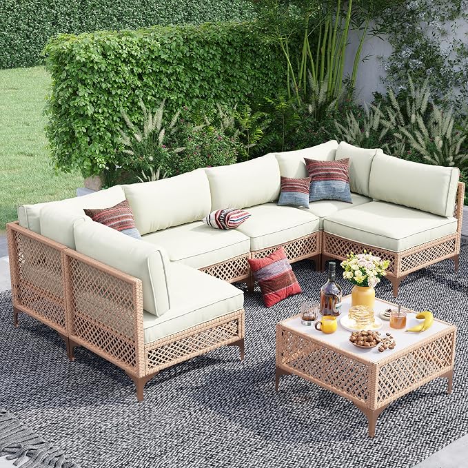 7-Piece Generous Patio Furniture Set, Wicker Outdoor Sectional Set with Large Tempered Glass Coffee Table, Boho Patio Conversation Couch Set with Thickened and Enlarged Cushion and Throw Cushion