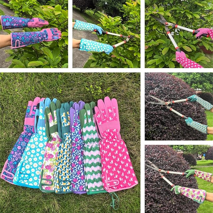 Thornproof Rose&Cactus Gardening Gloves,Gauntlet Garden Glove,Gifts | Canvas,Cute Floral Pattern,Leather Palm,Touchscreen,Durable Material,Garden Gift,Men&Women,Machine Washable,Adjustable Cuff