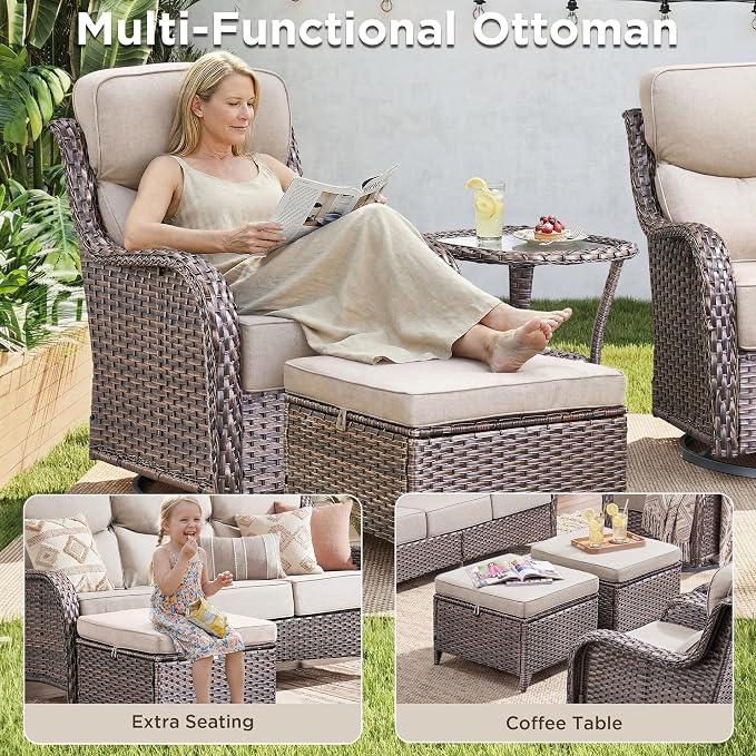Luxury 3 Pieces Patio Furniture Sets-All Weather Wicker Rattan 3-Seat Sofa Set with Comfy 6" Cushion, Multifunctional Ottomans Patio Conversation Set for Deck Backyard Garden(Brown/Beige)