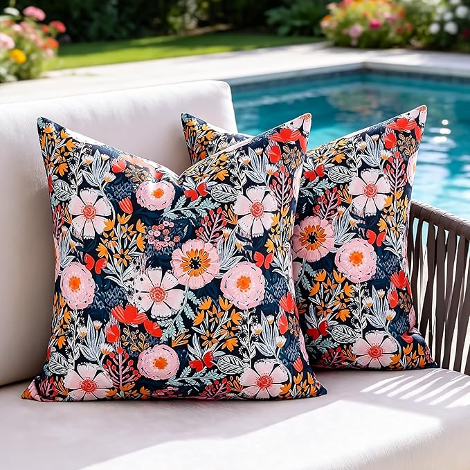 Outdoor Waterproof Pillow Covers Summer Decorative Throw Pillow Covers 20x20 Inch Floral Black Square Garden Cushion Sham Pillowcase Set of 2 Outside Decor for Patio Tent Garden Sofa Pillow Cases
