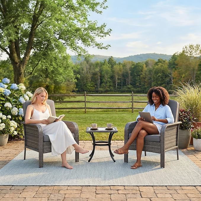 GarveeLife Patio Wicker Chairs Set of 2, Outdoor Rattan Dining Chairs with High Back & Deep Seating, All-Weather Wicker Armchairs for Deck Porch Balcony Backyard, Gray Gradient with Gray Cushions