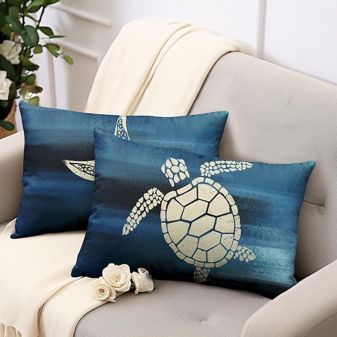 Starfish and Turtle Pillow Covers Sea Ocean Coastal Theme Rectangle Pillow Case 12x20 Beach Nautical Navy Blue Lumbar Throw Pillow Covers for Bedroom Living Room Sofa 2 Pack