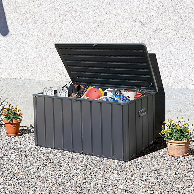 120 Gallon Outdoor Deck Box: All-Weather Resin Storage with Lockable Lid & Mobility Rollers for Patio Furniture and Tools in Suburban Homes