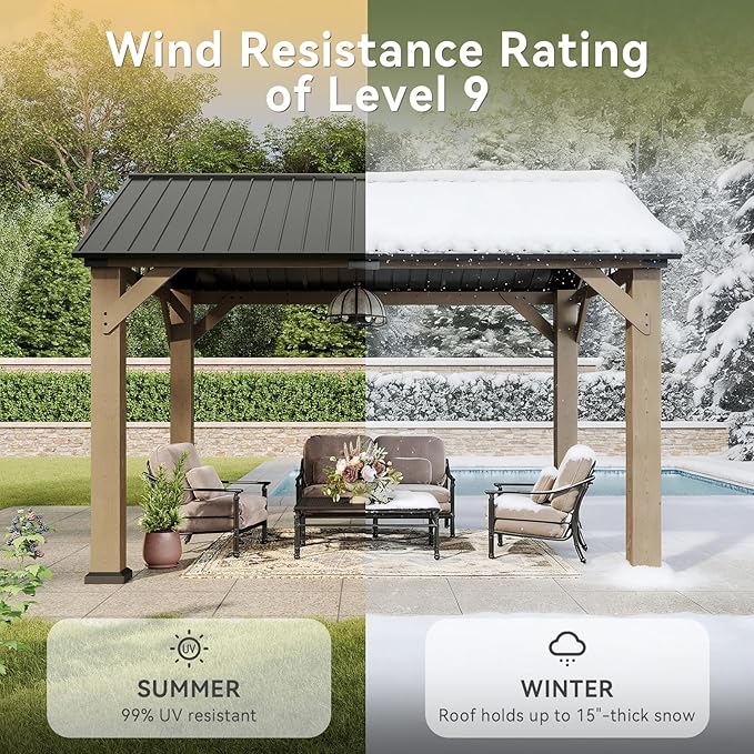 Aoxun 10' x 12' Outdoor Wood Gazebo, Hardtop Gazebo Permanent Wooden Pavilion with Gable Galvanized Steel Roof for Patio, Garden, Backyard, Natural