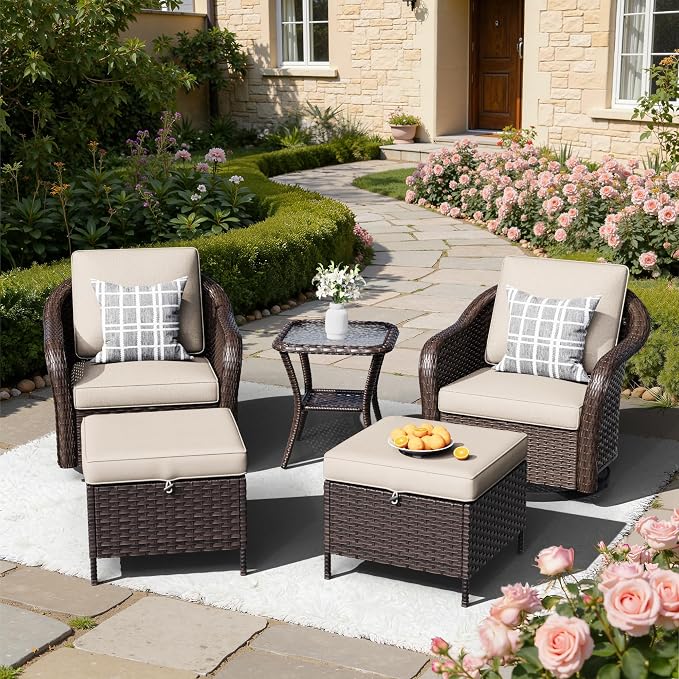 5 PCS Outdoor Conversation Set | 2 Swivel Chairs, 1 Side Table, 2 Ottomans, Patio Wicker Furniture with Removable Cushions for Bistro, Deck, Sunroom(Beige)