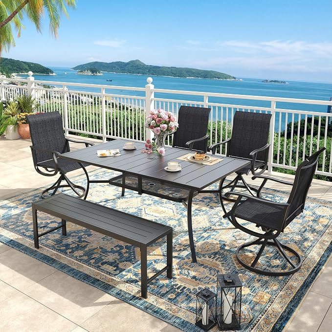 6 Pieces Outdoor Dining Set, Patio Table and Chairs Set with 51" Garden Bench for 6-7 People, 59.2" Outdoor Dining Table and Swivel Patio Chairs for Deck Backyard, Charcoal and Black