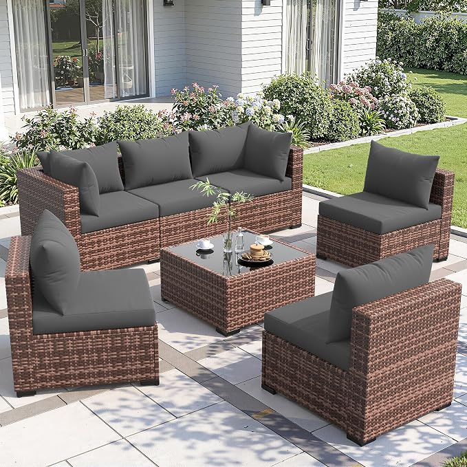 Amopatio Patio Furniture Sets, 7 Pieces Outdoor Rattan Sectional with Glass Table and Cushions,Wicker Patio Conversation Set for Outdoor Indoor Backyard Lawn Garden Porch (Grey)