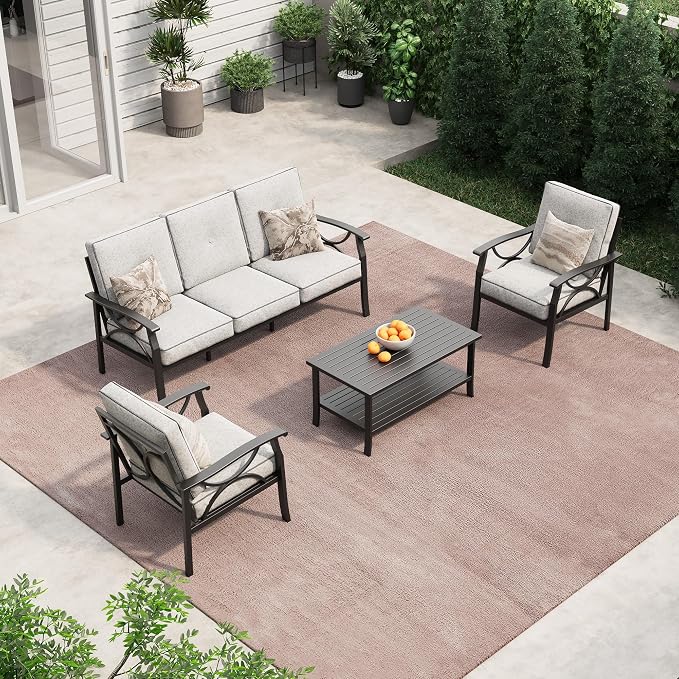 RoyalCraft Outdoor Patio Furniture Set, 4 Piece Patio Conversation Set with Coffee Table, Metal Furniture Set for Porch Backyard Garden, Black