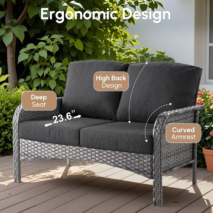 7 PCS Patio Outdoor Furniture Set with Swivel Rocking Chairs,All Weather Wicker Rattan Patio Seating Sofa and Chairs Set,Outdoor Conversaiton Sets for Deck Yard Prrch Garden Poolside,Black