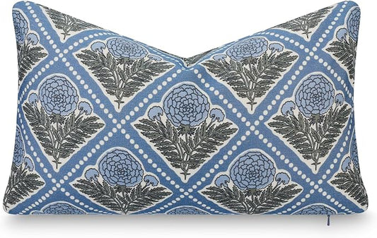 California Casual Coastal Indoor Outdoor Lumbar Pillow Cover, 12"x20" Water Repellent for Patio, Backyard, Couch, Azure Light Blue Block Print Vintage Hydrangea Flowers
