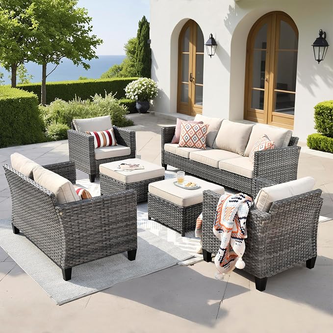 ovios Patio Furniture Set, 6 Pieces Outdoor Wicker Sofa Couch with Loveseat, Ottomans and Comfy Cushions, All Weather High Back Rattan Conversation Set, Beige