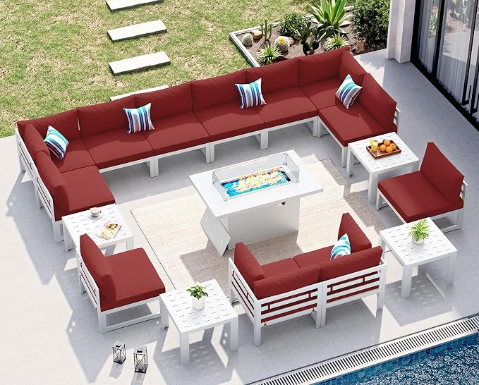 NICESOUL 12 People Large Luxury Aluminum Outdoor Sectional Sofa, L Shaped Modular Patio Furniture Set with Fire Pit Table & Side Table, 500 lbs Heavy Duty Conversation Couch for Poolside, Burgundy