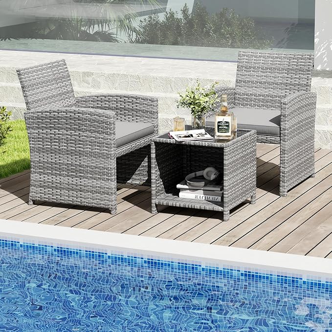 Tangkula 3 Pieces Patio Furniture Set, PE Rattan Outdoor Chairs with Tempered Glass Coffee Table & Soft Seat Cushions, Patio Bistro Set, Outdoor Conversation Set for Porch, Backyard Poolside (Grey)