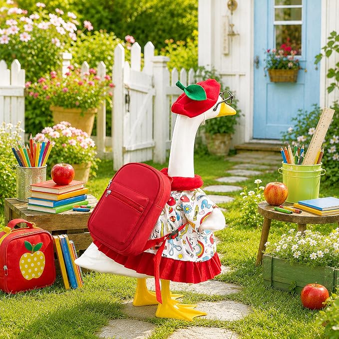 4 Pcs Back to School Porch Goose Outfits, Classroom Student Goose Clothes Set Includes Hat Skirt Backpack and Glasses, Funny School Goose Costume for 23"H Statue Outdoor Garden Yard Patio Lawn Decor