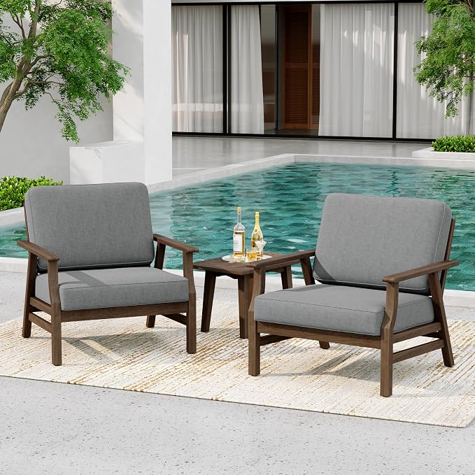 3 Piece Wood Patio Chair Outdoor Bistro Set, Outdoor Armchair All Weather Patio Sofa Furniture Backyard Conversation Sets with Wooden Side Table, Gray