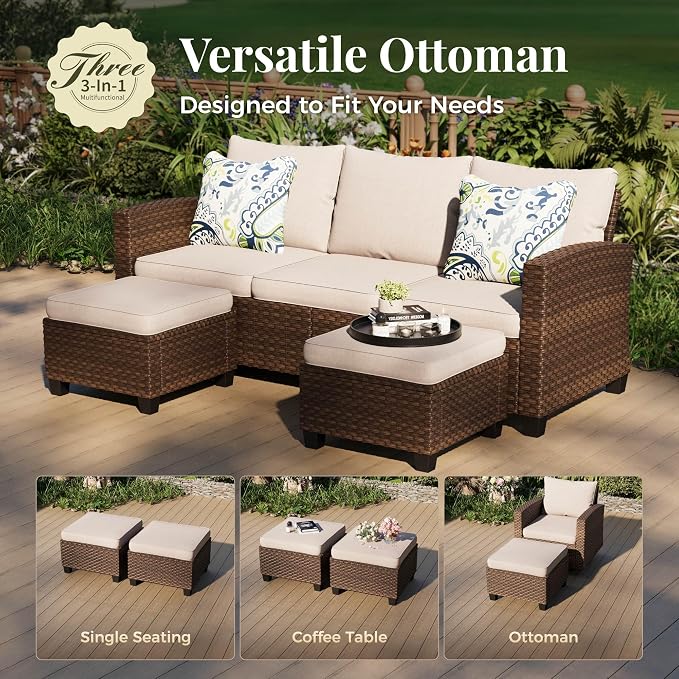 MIXPATIO Patio Furniture Set, 8 Pcs Wicker Rattan Outdoor Conversation Set, 4 x Leg Chairs, 1 x 3 Seater Sofa and 2 x Ottomans with 4" Thick Cushion and 32" Fire Pit Table, Beige