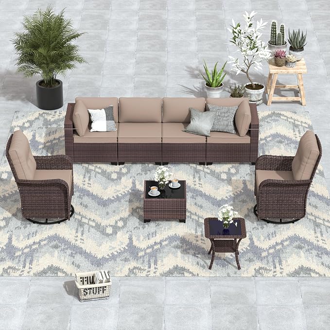 ALAULM 8 Pieces Patio Furniture Set with 2 Swivel Chairs Wicker Patio Conversation Set, Outdoor Sectional Furniture w/Coffee Table & Washable Seat Cushions-Sand