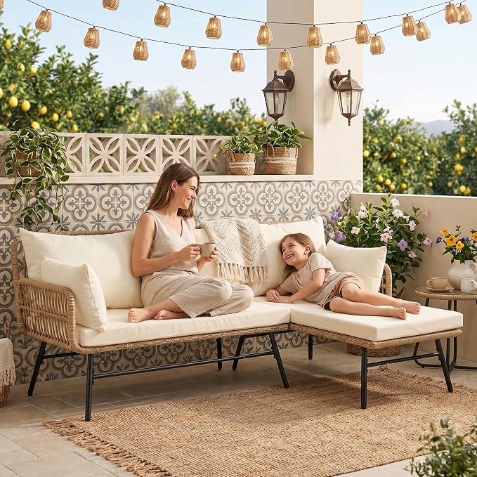 RADIATA 3 Pieces Boho Patio Furniture Set with Comfortable Cushion, Wicker Outdoor Sectional Sofa, L-Shape Lounge Conversation Set for Balcony Porch Backyard Deck, Beige