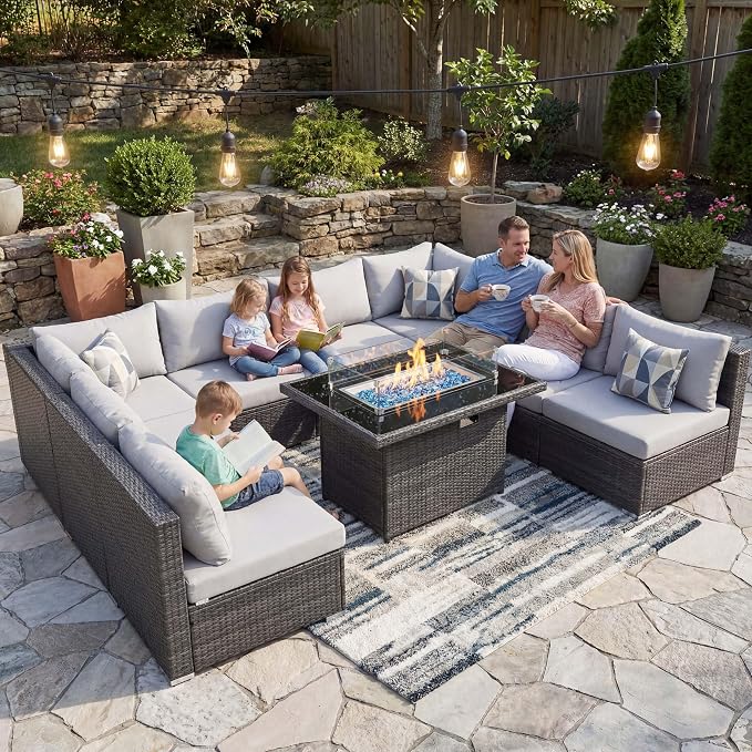 NICESOUL 29.3'' High Back Outdoor Patio Furniture Set with Firepit Natural Gas & Propane, 9 Piece Extra Large Conversation Set with Fire Pit Table, Modern Deep Wide Modular Wicker Sofa Couches, Gray