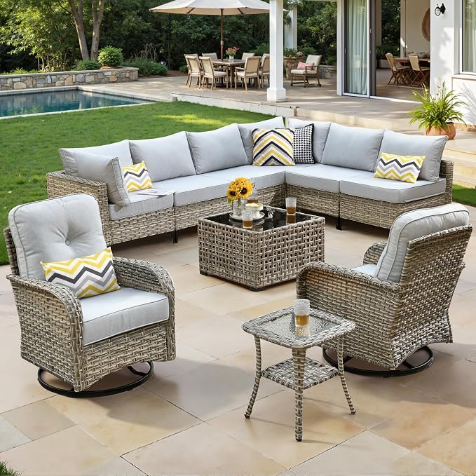 ovios 10 Piece Outdoor Patio Furniture with Swivel Rocking Chair, Rattan Wicker Conversation Set with Glowing Coffee Table, Sectional Single Chairs for Porch Balcony Backyard Pool,Light Grey