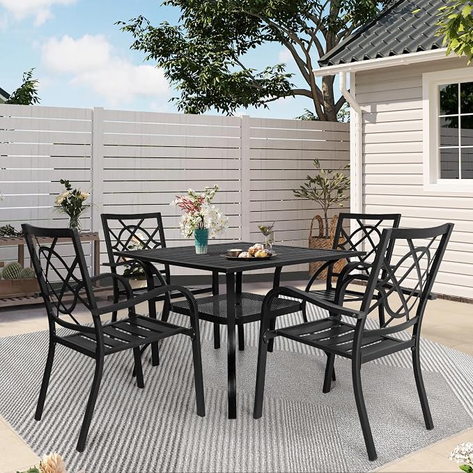 SUNCROWN 5-Piece Outdoor Dinging Set, Wrought Iron Chairs and Table Patio Dining Furniture Set - 4 Stackable Metal Chairs, 1 Steel Slat Bistro Table for Garden Backyard Deck