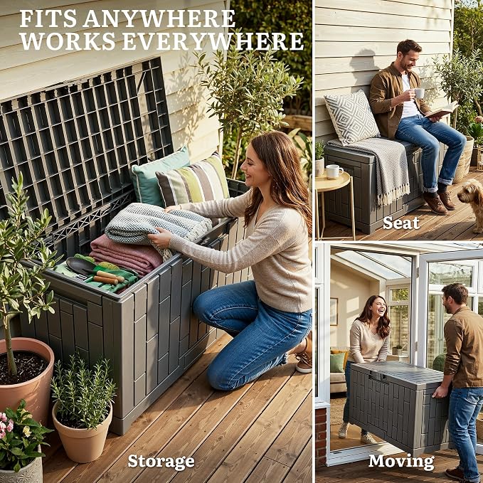 YITAHOME 60 Gallon Outdoor Storage Box, Waterproof Resin Deck Box with Slide-Locking Lid, Patio Storage Bin and Bench Seat for Patio Furniture, Garden Tools and Pool Accessories, Light Brown