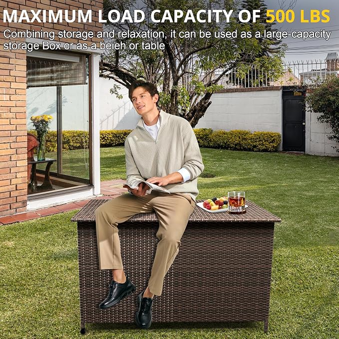 185 Gallon Outdoor Deck Box with Wheels, Waterproof PE Wicker Rattan & Aluminum Frame Storage Bin for Patio Cushions, Garden Tools, Pool Toys, Lockable Patio Furniture(Brown)