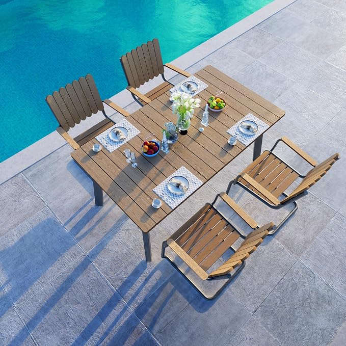 Outdoor Dining Set for 4, Patio Table and Chairs Set with Umbrella Hole, 5 Pieces All-Weather HDPE Outdoor Furniture Sets for Backyard Poolside Lawn Garden (Gray & Teak)