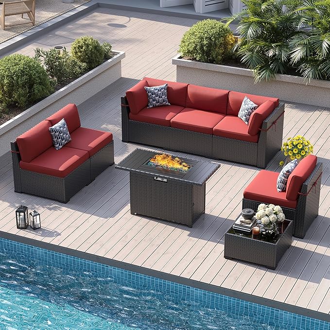8 Piece Patio Furniture Set with 44” Fire Pit Table All-Weather Wicker Conversation Sectional Sofa & Coffee Table with Thickened Cushions for Backyard, Garden(Wine Red)