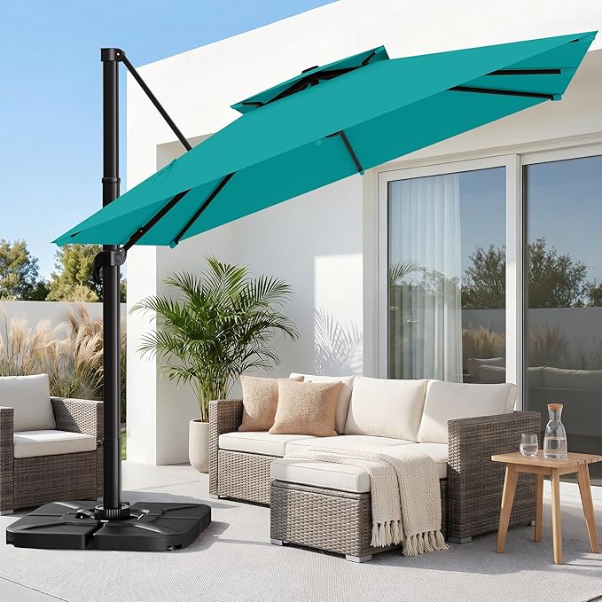 AreShark 10×10FT Double-Top Cantilever Patio Umbrella, Square Offset Umbrella with 360 Degree Rotation, Heavy Duty Patio Umbrella for Garden Deck Pool, 5 Tilt Angles, Turquoise Blue