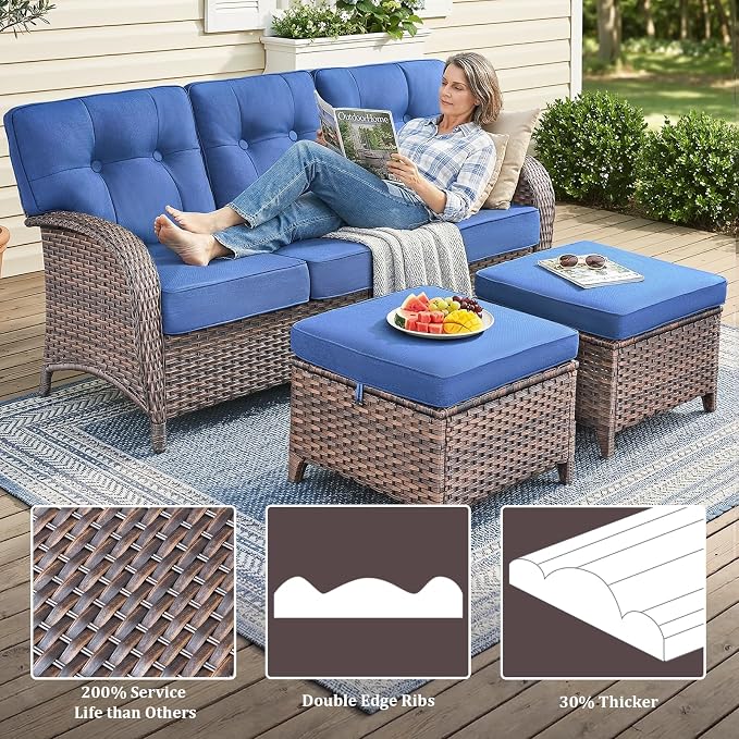 Patio Furniture Set, 5PCS Outdoor Wicker Conversation Set with 5" Thick Cushions, High Back Rattan Sofa & Swivel Rocker Chairs, Weather Resistant Olefin Fabric for Garden, Poolside Brown/Blue