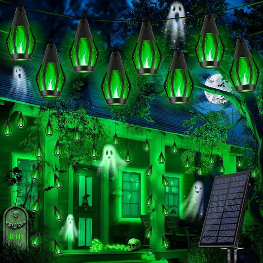 iBaycon 27FT 10 LED Solar Flame Halloween String Lights Outdoor, Green | Ultra-Real Flickering Flame Lamp Outdoor Waterproof, Solar Patio String Lights for Garden Yard Lawn Halloween Decorations