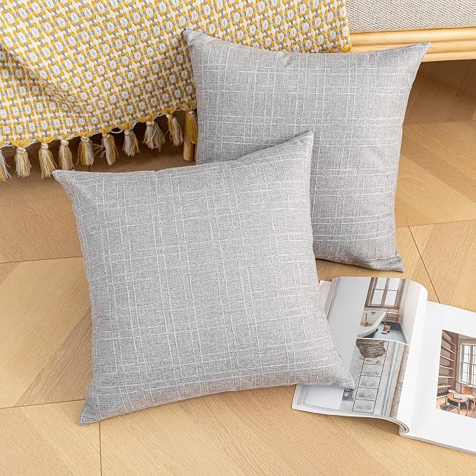 Kevin Textile Outdoor Waterproof 18”x18” Pillow Covers 2 Pack, Grey | Water Resistant, Soft Faux Linen-cotton Yarn-dyed Woven Texture Throw Pillow Covers for Tent Patio Garden Couch Sofa