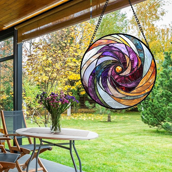 DASTOLL Stained Glass Window Hanging, Colorful Abstract Spiral Pattern Suncatcher for Doors Window Home Sun Catchers Decoration Mother's Day Birthday Gifts for Women, Men, and Mom 15 in