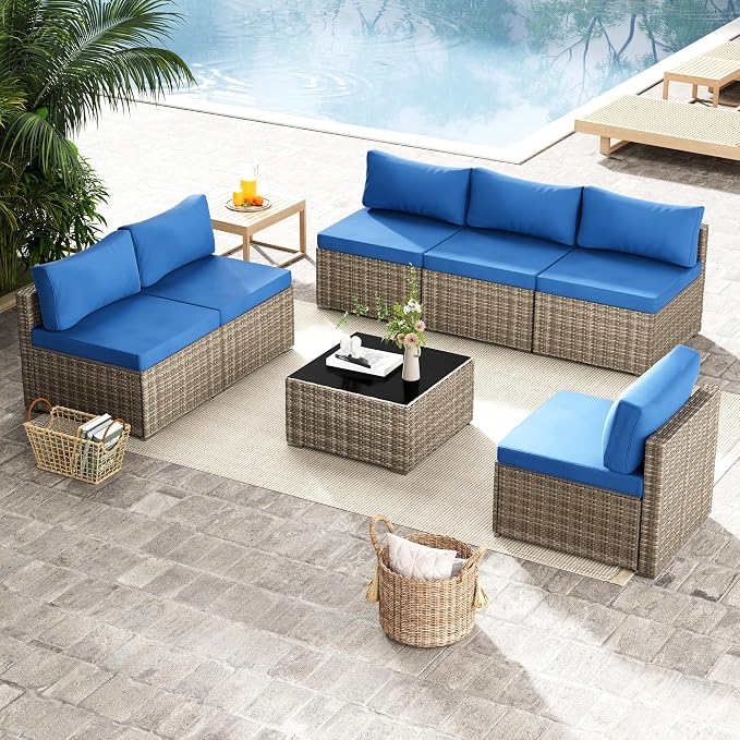 Tradare 7 Piece Patio Furniture Set, Outdoor Wicker Patio Sofa Set, PE Rattan Sectional Couch with Glass Table and Blue Cushions, All-Weather 7 Piece Outdoor Patio Furniture Sets, Grey