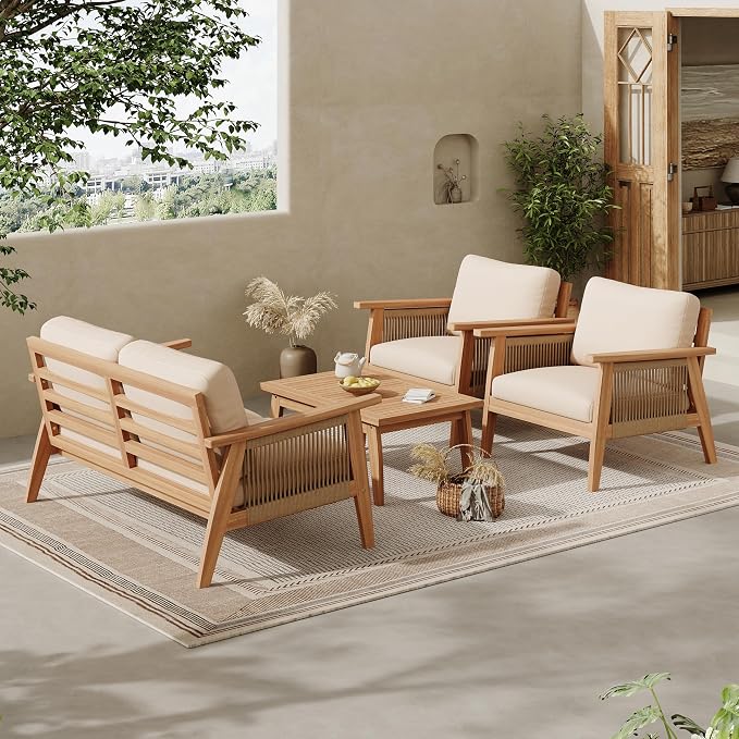 Merax Outdoor 4-Piece Acacia Wood & Rope Sectional Patio Set, Loveseat, Chair & Table with Water-Repellent Cushions