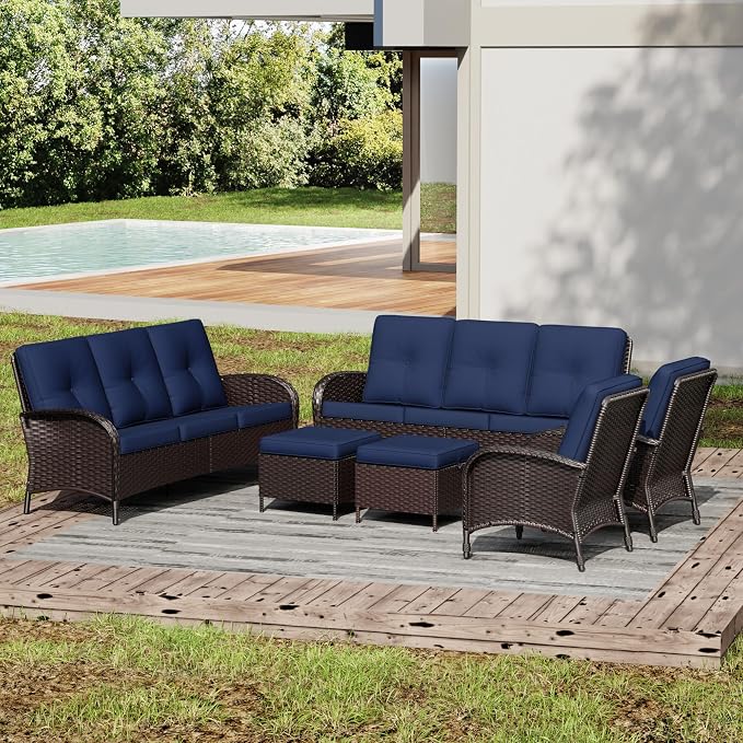 Joyside Wicker Patio Furniture Set, 6 Piece Outdoor Furniture Set with Thickened Cushions, High Back, Deep Seating, Wide Armrest, Rattan Outdoor Chairs for Porch, Deck