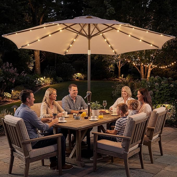 Garvee 10FT Patio Umbrella with 32 Solar LED Lights, Outdoor Table Market Umbrella with Tilt and Crank, 8 Sturdy Iron Ribs Sun Shade for Garden, Deck, Backyard and Pool, Beige