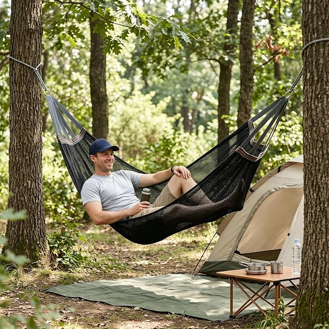 Camping Hammock Lightweight Portable, Anti-roll Breathable Mesh Outdoor Hammock with Tree Straps & Carry Bag, Black (102.36x51.18in)
