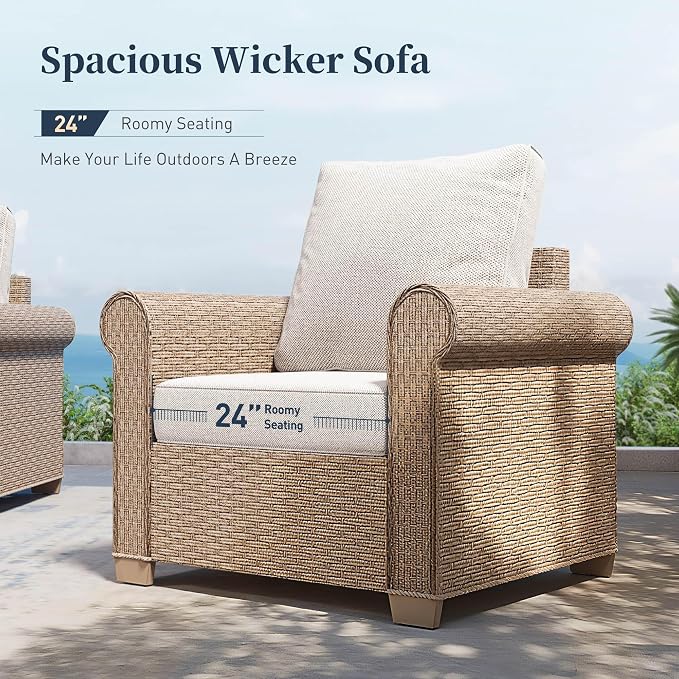 SUNSHINE VALLEY Patio Furniture Set 2 pcs, Rattan Outdoor Chairs with 5.5” Thick Waterproof Cushions, All Weather Wicker Conversation Set for Garden Backyard Deck, Beige