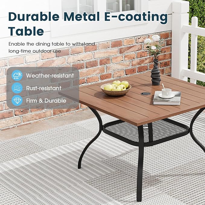 5 Pieces Outdoor Patio Dining Set, 37.8" All Weather Square Metal Table with Umbrella Hole and Storage Shelf, 4 High Back Textilene Swivel Chairs for Garden, Lawn, Walnut Table & Brown Chairs