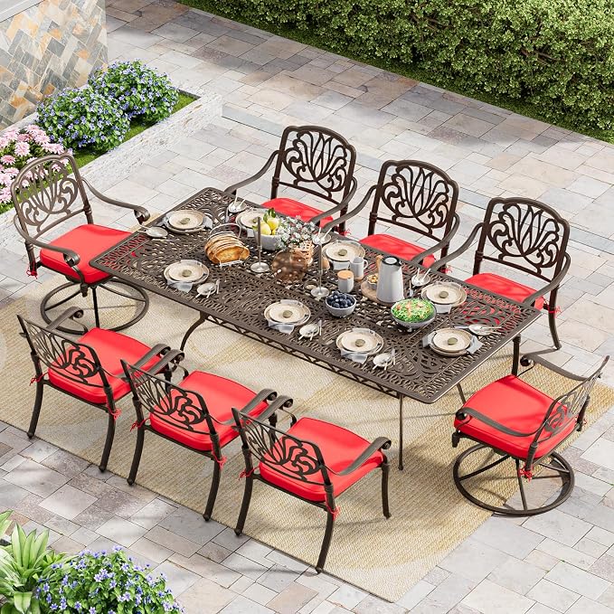 Grepatio 9 Piece Cast Aluminum Outdoor Dining Set, Patio Furniture Set with 2“ Umbrella Hole and 6 Chair & 2 Swivel Chairs with Cushions, Dining Furniture Set for Porch Poolside Garden (Red)