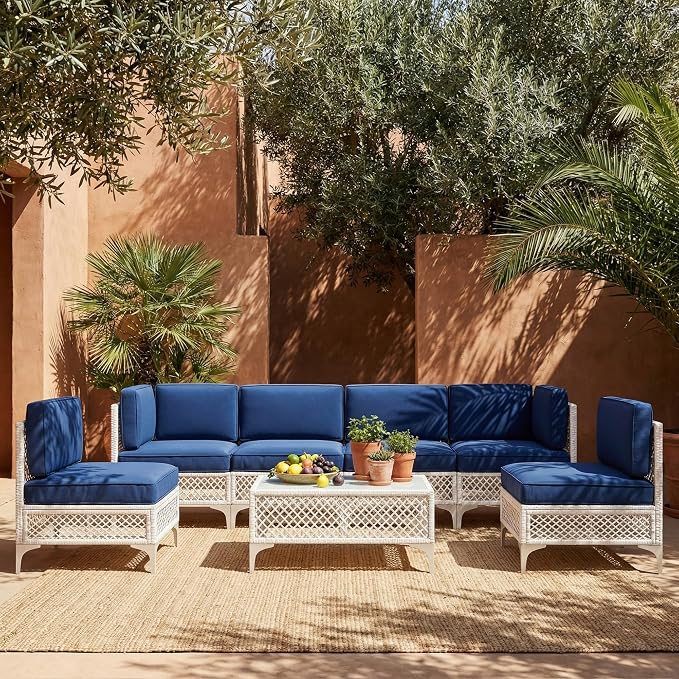 7-Pcs Outdoor Sofa with Thick Cushion, Lightweight Patio Sectional with Effortless Assembly, Space-Saving Outdoor Furniture Set & Easy-Clean Open Weave Wicker for Backyard, Garden (Navy Blue)