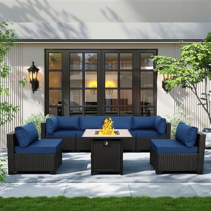 Valita Patio Furniture Set 30 Inches Fire Pit 7-Piece Outdoor Sectional Patio Couch 50000 BTU Steel Propane Fire Pit Table with No-Slip Cushions and Waterproof Cover, Navy Blue