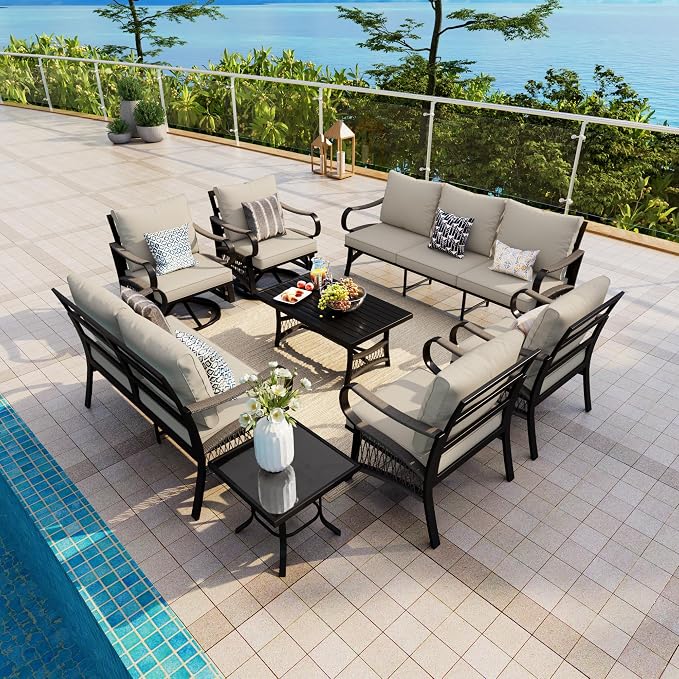8 Pieces Patio Conversation Sets, All Weather Metal Outdoor Furniture Set with Swivel Rocking Chairs Set, Outdoor Furniture Set with Sectional Sofa Couch Loveseat (Beige Cushions)